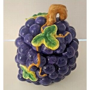 Vintage 7.4 Inch Ceramic Grape Jar with Leaf Motif – Purple Cluster Design